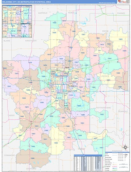 Oklahoma City Metro Area Wall Map Color Cast Style